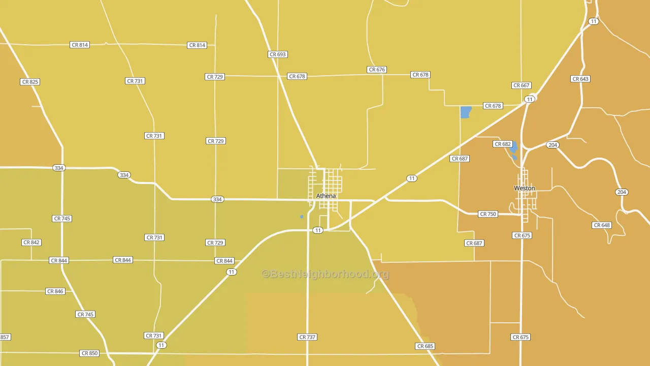 Map of the best neighborhoods in the Athena area, with better matches in green and worse matches in red