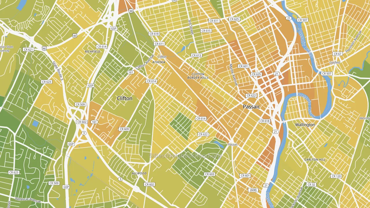 Map of the best neighborhoods in the Athenia, Clifton area, with better matches in green and worse matches in red