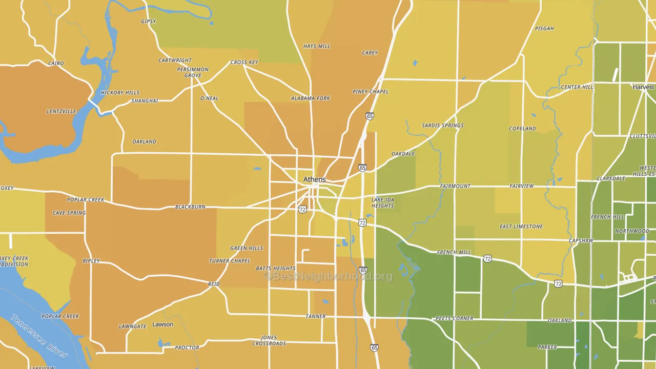 Map of the best neighborhoods in the Athens area, with better matches in green and worse matches in red