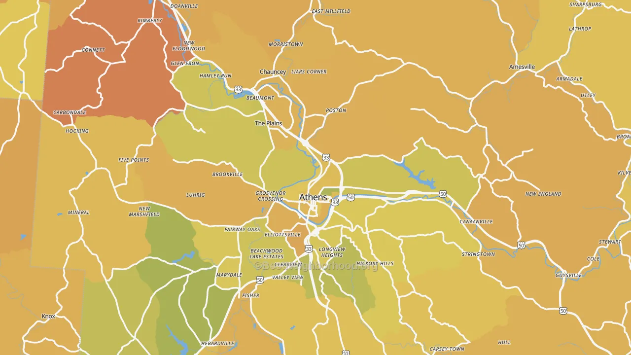 Map of the best neighborhoods in the Athens County area, with better matches in green and worse matches in red