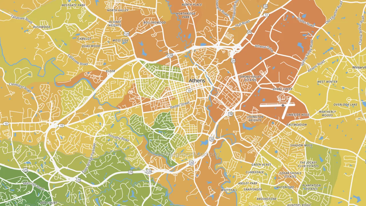 Map of the best neighborhoods in the Athens Metro area, with better matches in green and worse matches in red