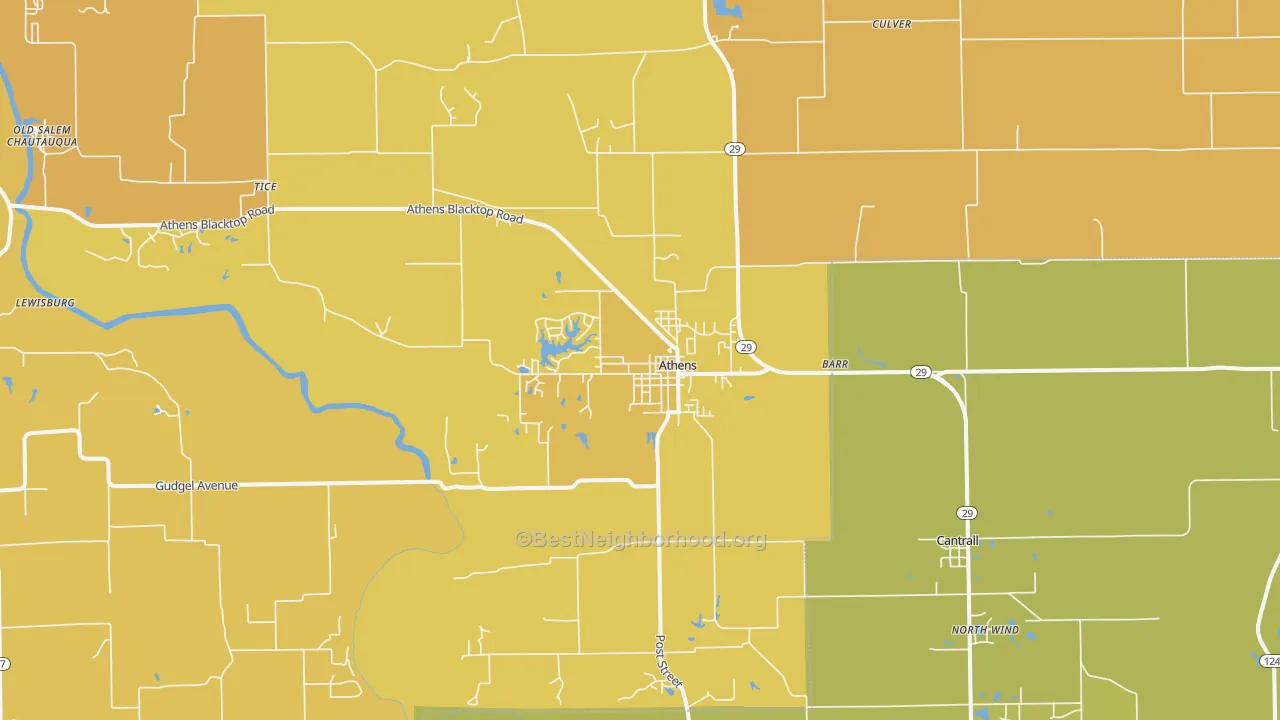 Map of the best neighborhoods in the Athens area, with better matches in green and worse matches in red