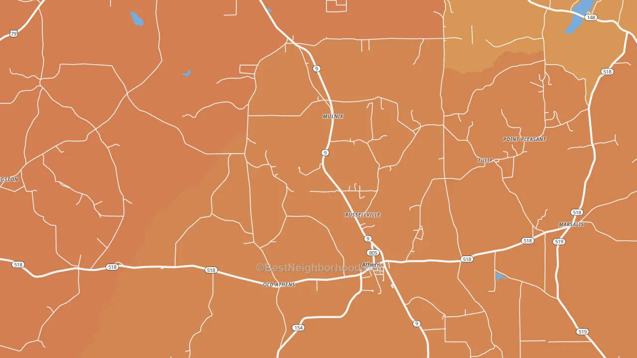 Map of the best neighborhoods in the Athens area, with better matches in green and worse matches in red
