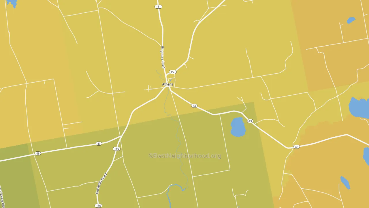 Map of the best neighborhoods in the Athens area, with better matches in green and worse matches in red