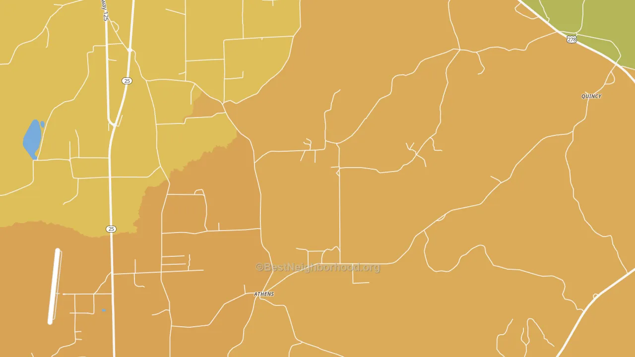 Map of the best neighborhoods in the Athens area, with better matches in green and worse matches in red