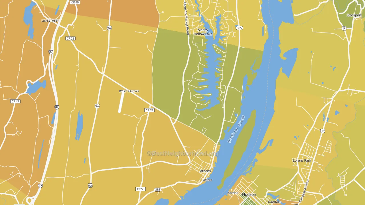 Map of the best neighborhoods in the Athens area, with better matches in green and worse matches in red