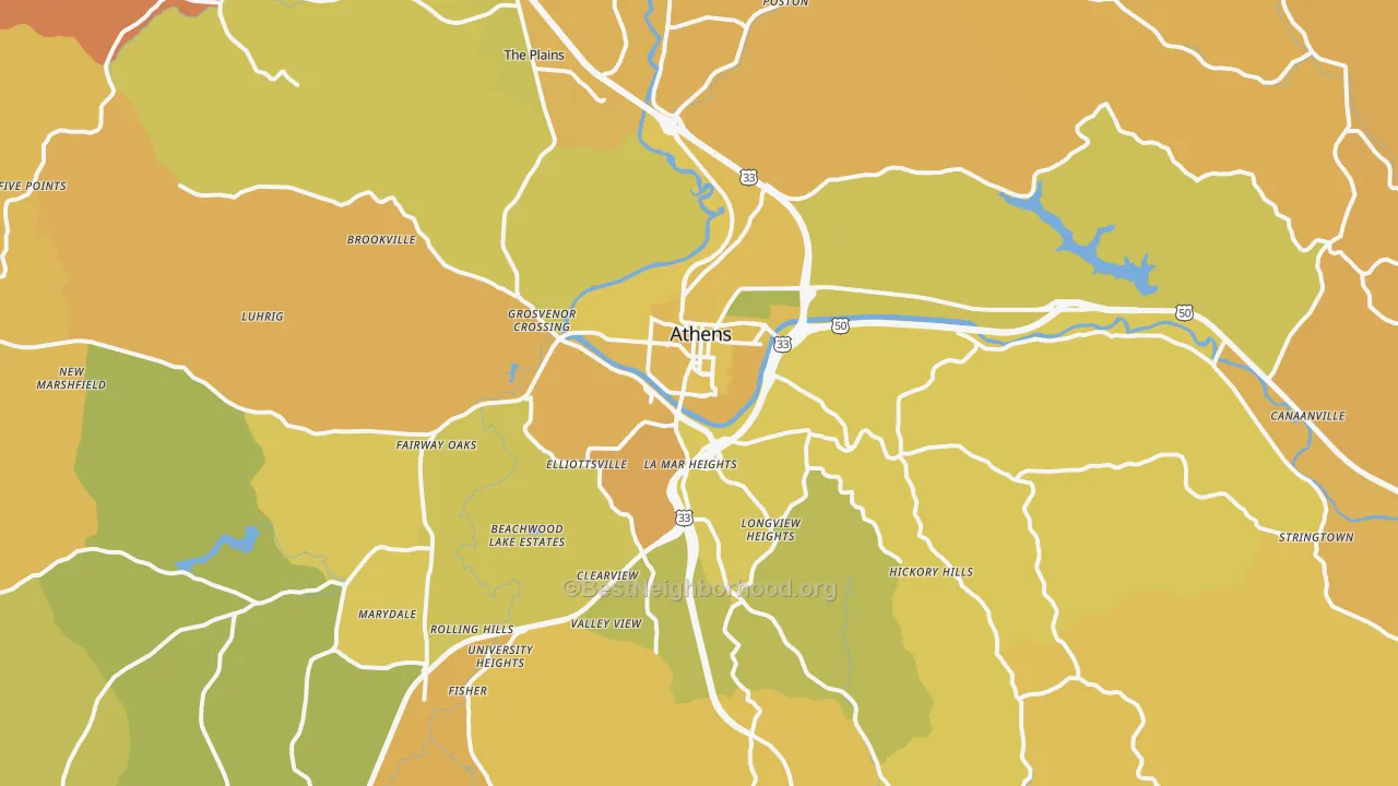 Map of the best neighborhoods in the Athens area, with better matches in green and worse matches in red