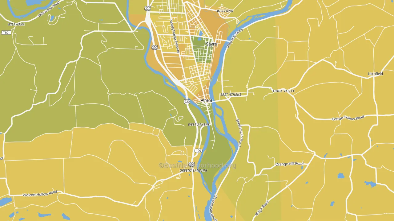 Map of the best neighborhoods in the Athens area, with better matches in green and worse matches in red