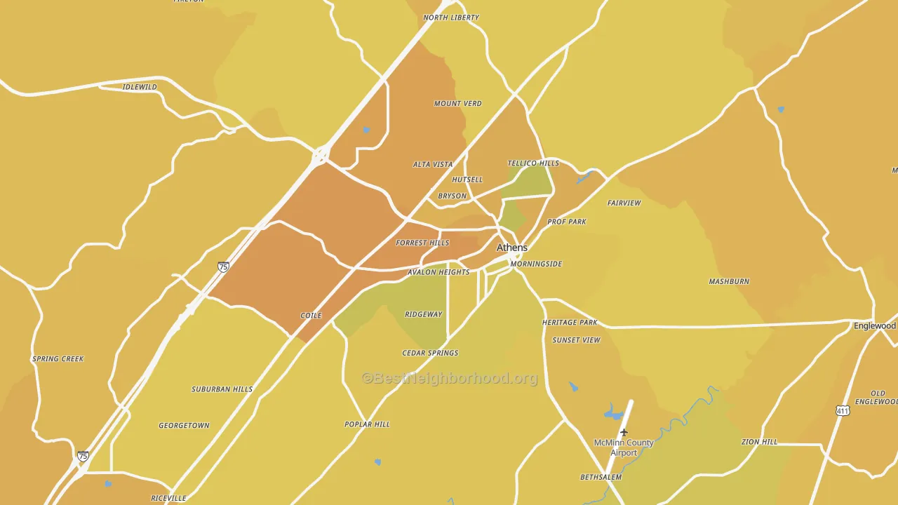 Map of the best neighborhoods in the Athens area, with better matches in green and worse matches in red