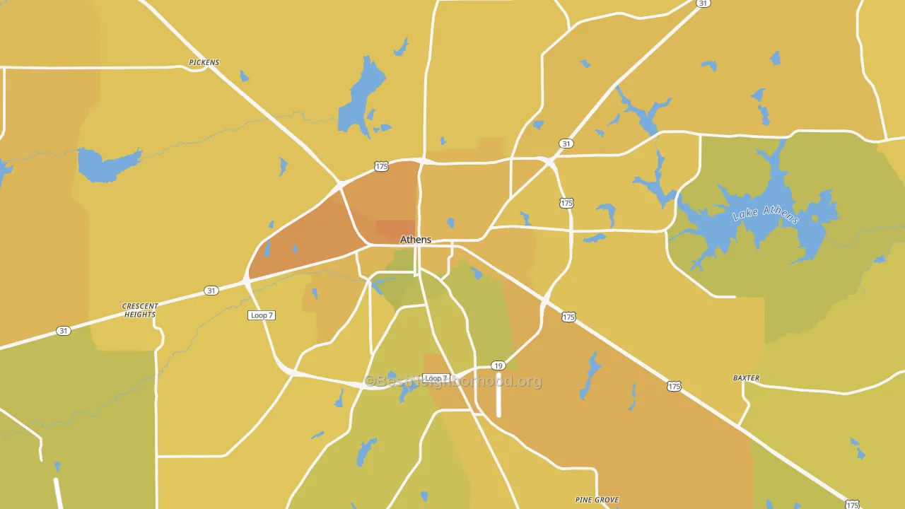 Map of the best neighborhoods in the Athens area, with better matches in green and worse matches in red