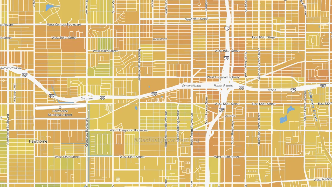Map of the best neighborhoods in the Athens, West Athens area, with better matches in green and worse matches in red