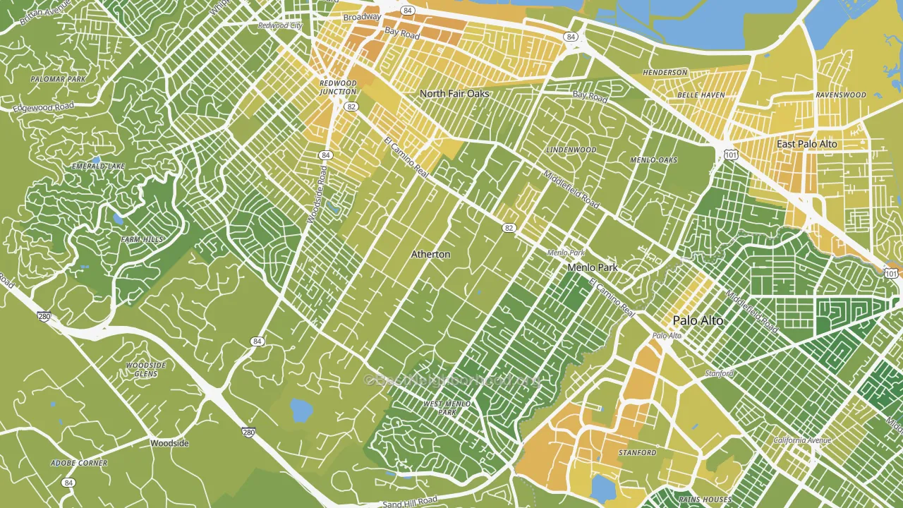 Map of the best neighborhoods in the Atherton area, with better matches in green and worse matches in red