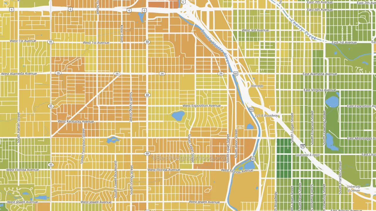 Map of the best neighborhoods in the Athmar Park, Denver area, with better matches in green and worse matches in red