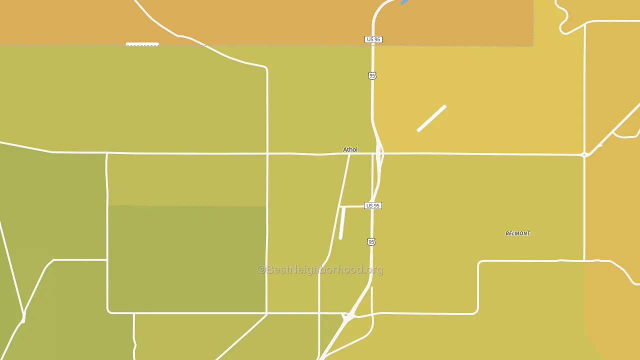 Map of the best neighborhoods in the Athol area, with better matches in green and worse matches in red