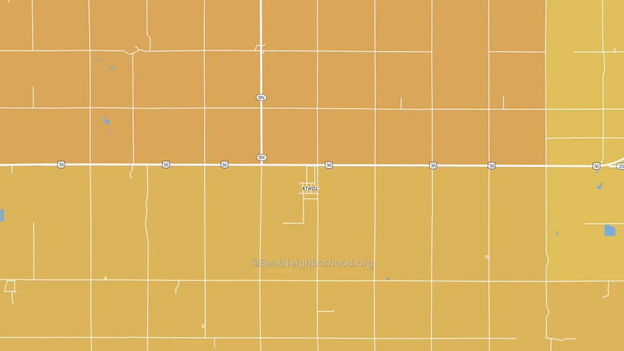 Map of the best neighborhoods in the Athol area, with better matches in green and worse matches in red