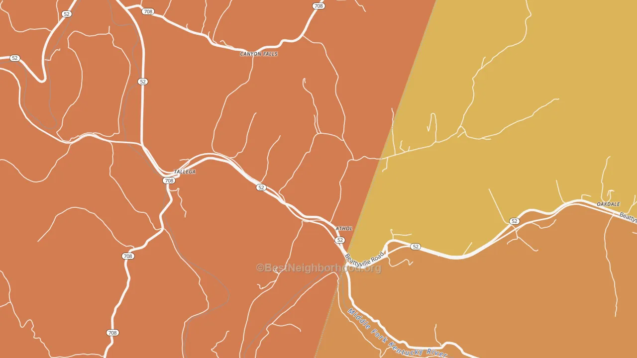 Map of the best neighborhoods in the Athol area, with better matches in green and worse matches in red