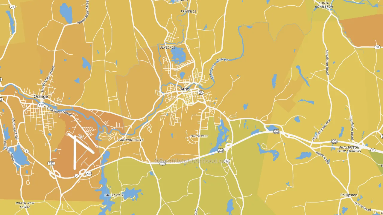 Map of the best neighborhoods in the Athol area, with better matches in green and worse matches in red