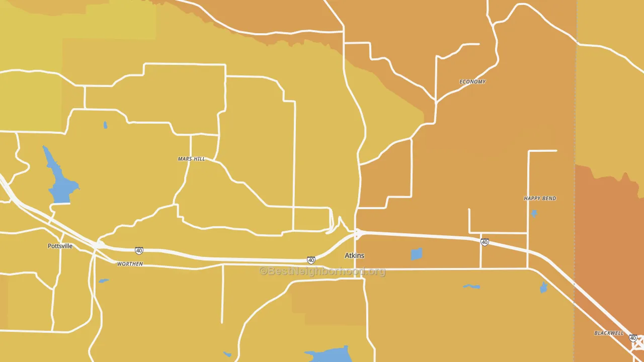 Map of the best neighborhoods in the Atkins area, with better matches in green and worse matches in red