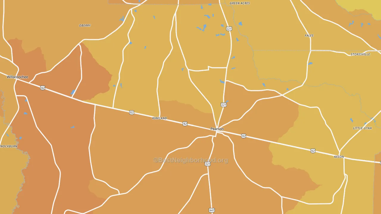 Map of the best neighborhoods in the Atkinson County area, with better matches in green and worse matches in red