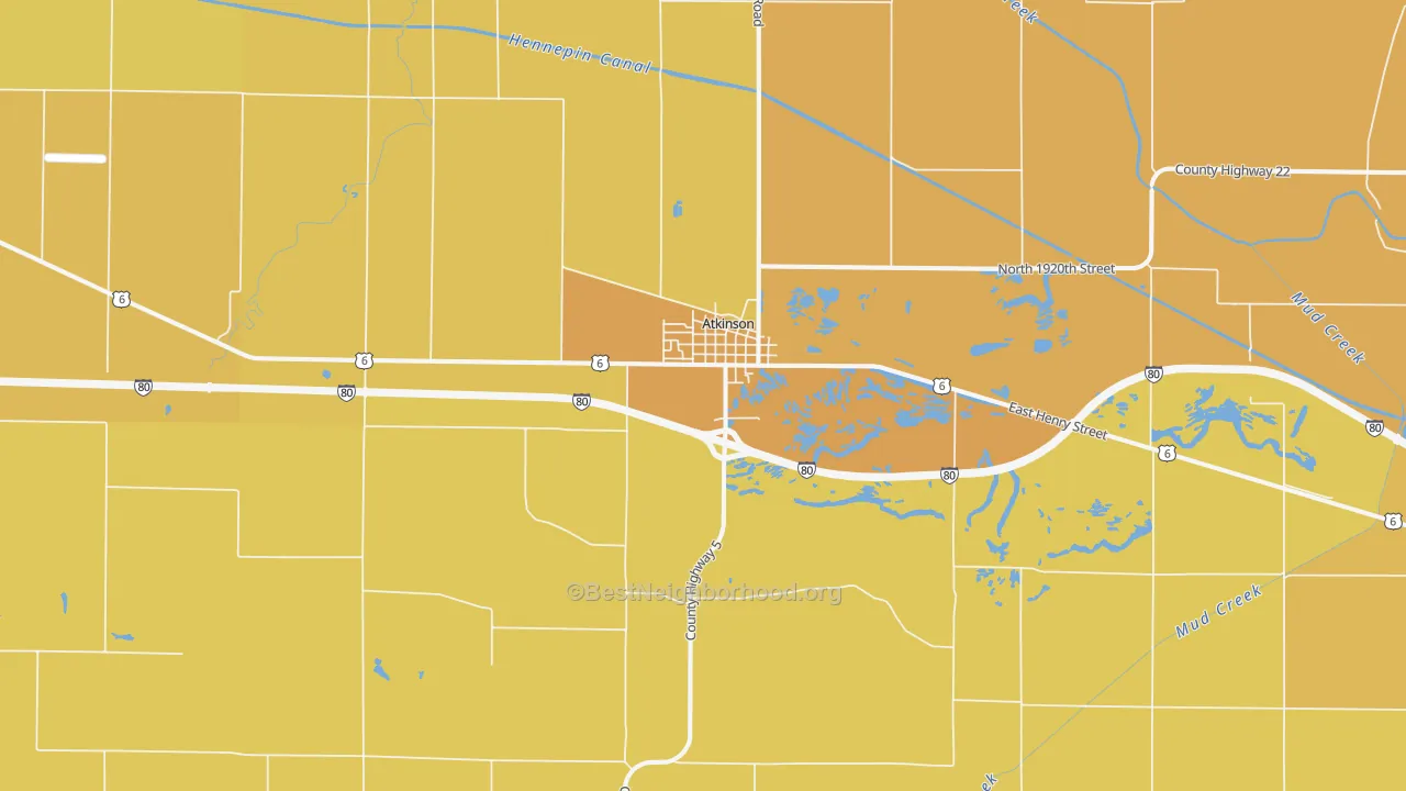 Map of the best neighborhoods in the Atkinson area, with better matches in green and worse matches in red