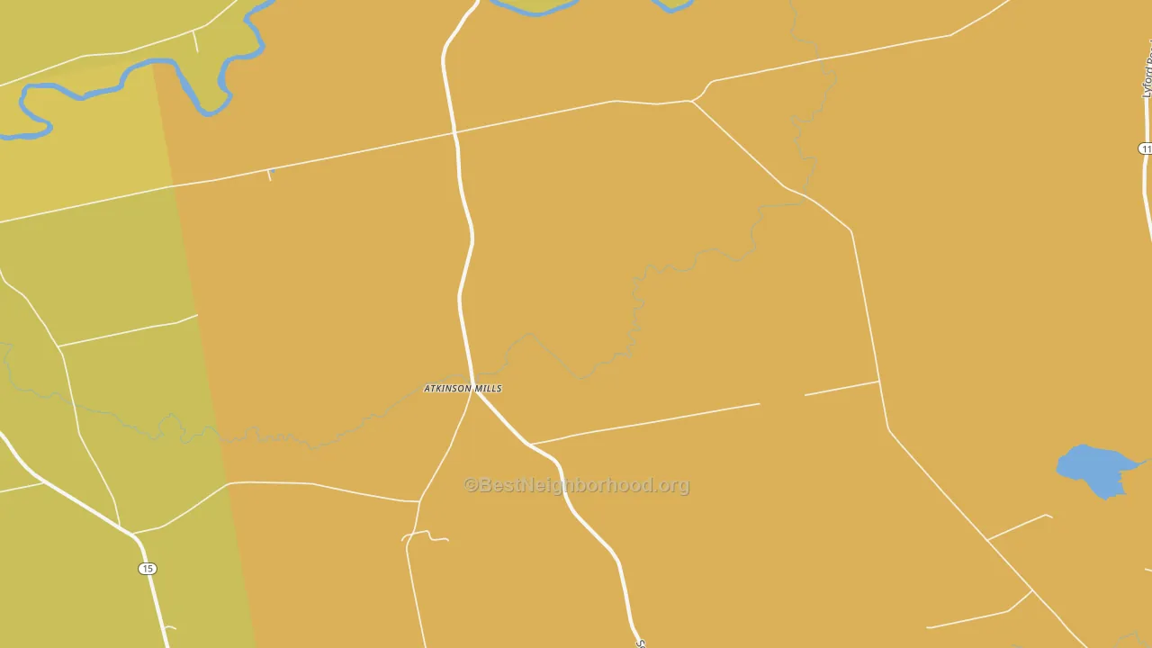 Map of the best neighborhoods in the Atkinson Mills area, with better matches in green and worse matches in red