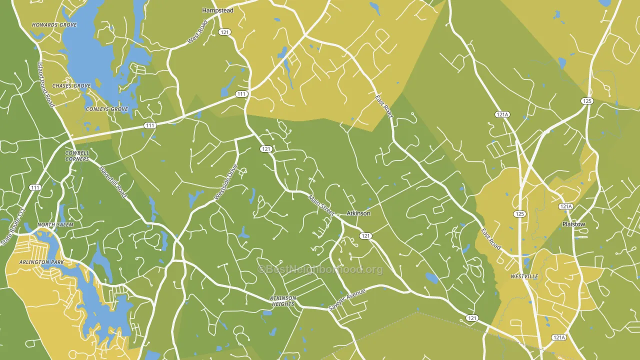 Map of the best neighborhoods in the Atkinson area, with better matches in green and worse matches in red