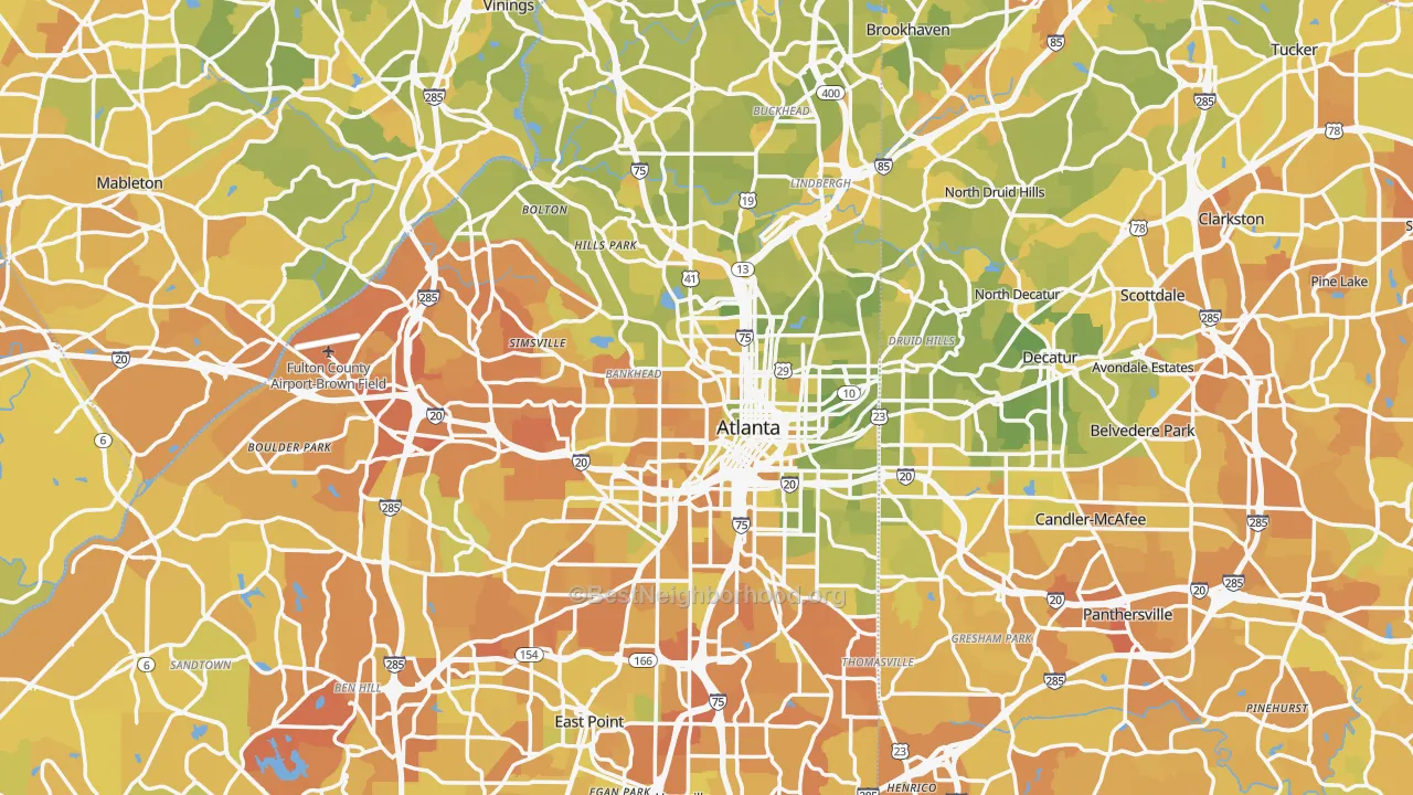 Map of the best neighborhoods in the Atlanta Metro area, with better matches in green and worse matches in red