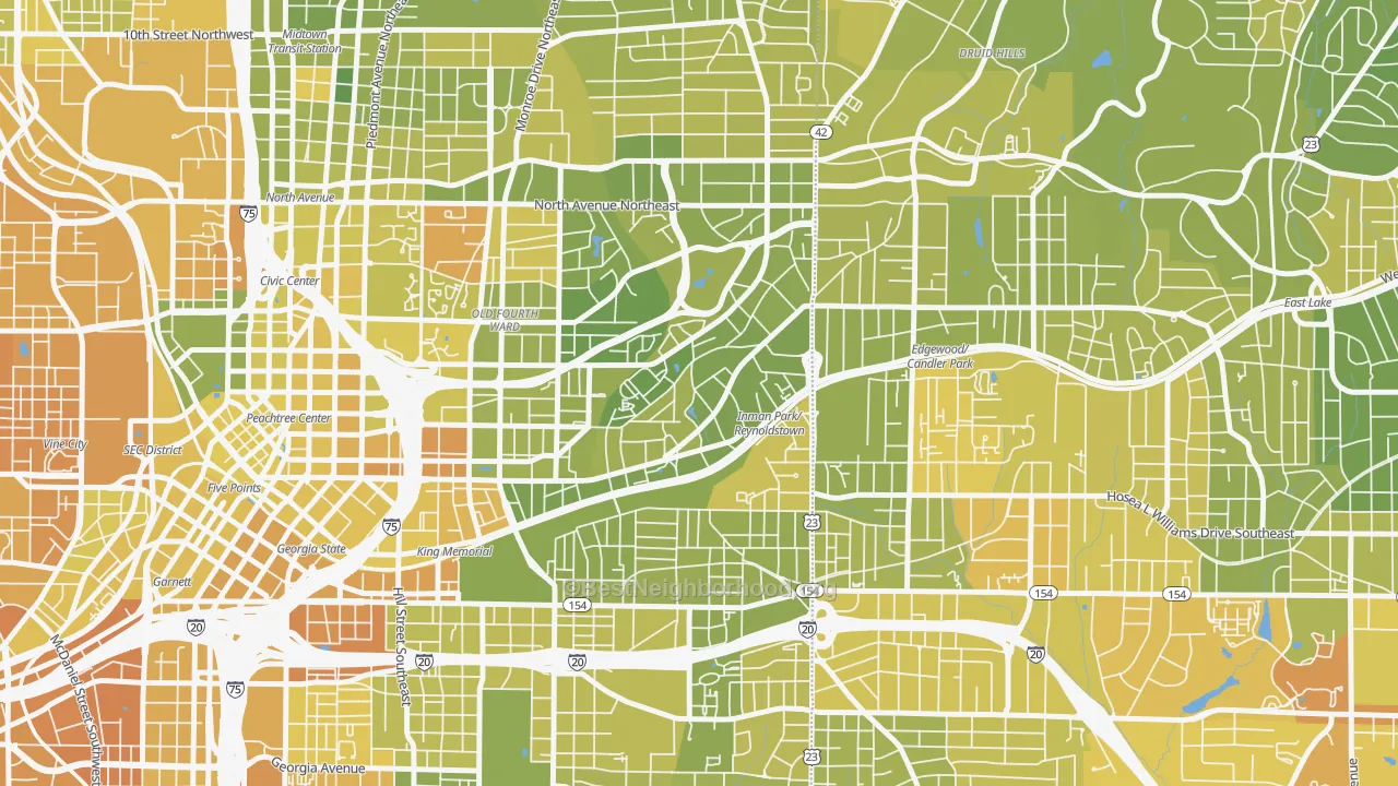 Map of the best neighborhoods in the Atlanta-Inman Park, Atlanta area, with better matches in green and worse matches in red