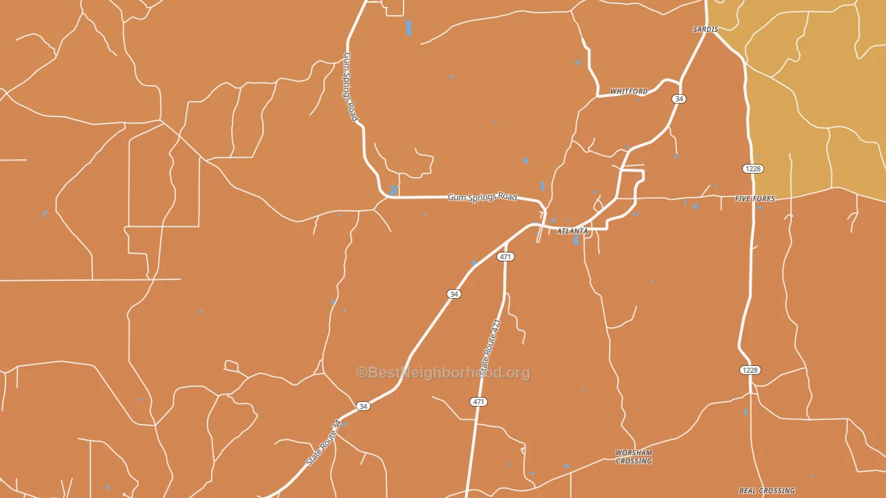 Map of the best neighborhoods in the Atlanta area, with better matches in green and worse matches in red