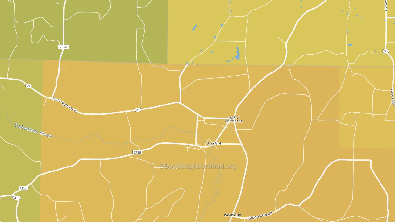 Map of the best neighborhoods in the Atlanta area, with better matches in green and worse matches in red