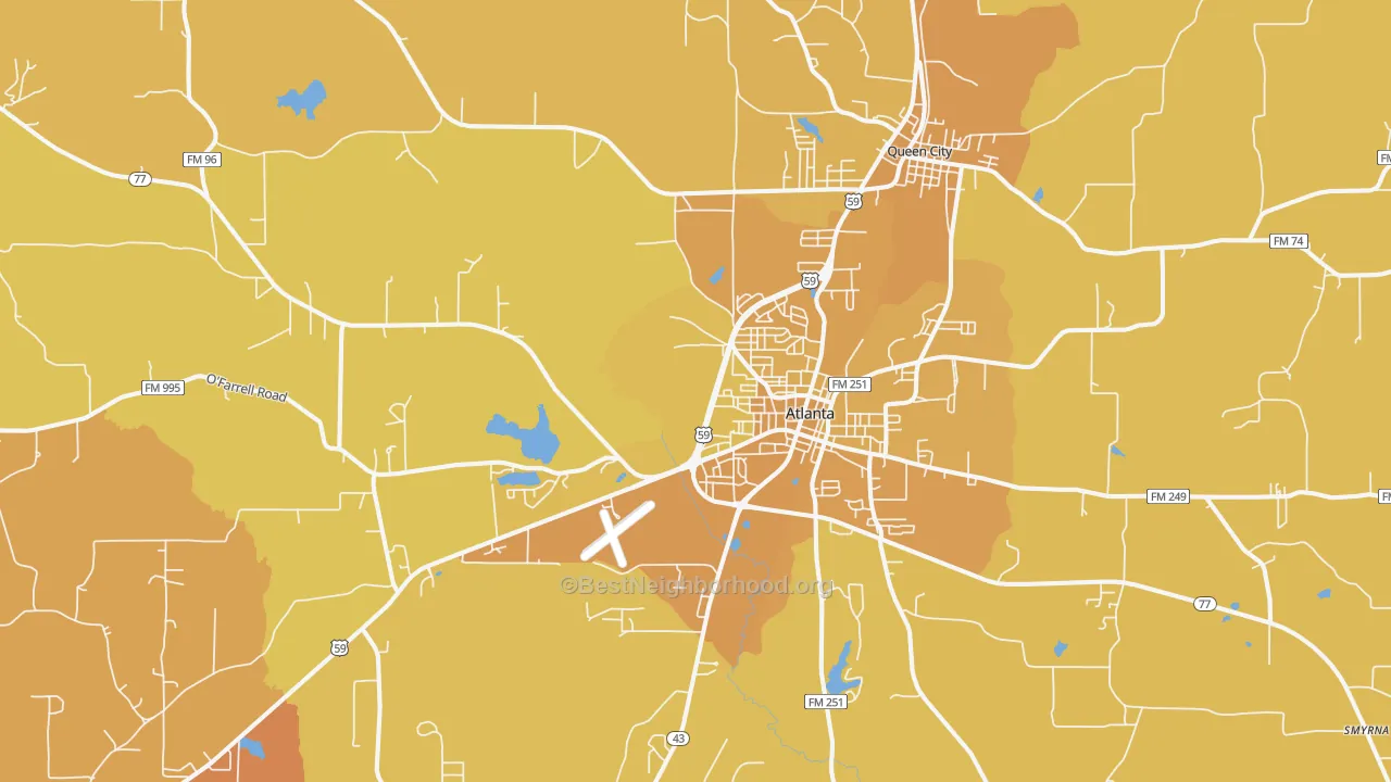Map of the best neighborhoods in the Atlanta area, with better matches in green and worse matches in red