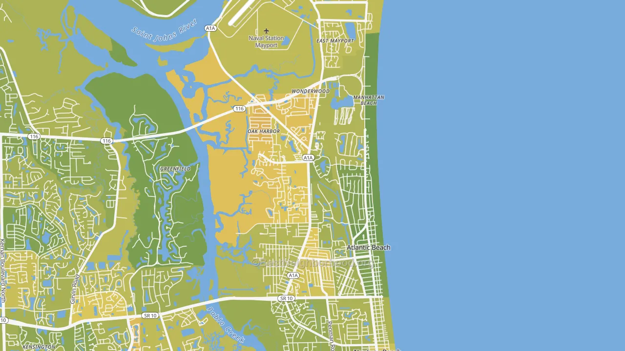 Map of the best neighborhoods in the Atlantic Beach area, with better matches in green and worse matches in red