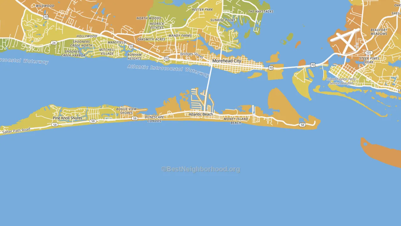 Map of the best neighborhoods in the Atlantic Beach area, with better matches in green and worse matches in red