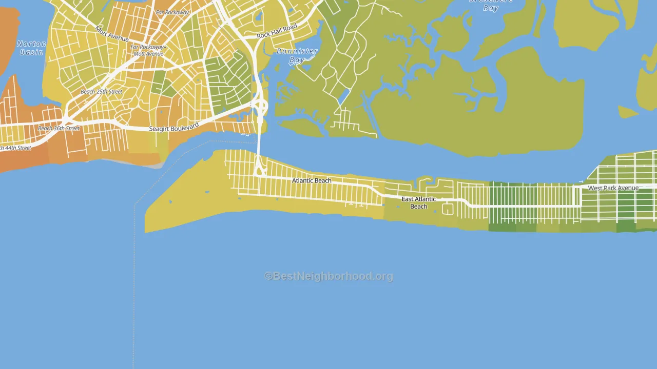 Map of the best neighborhoods in the Atlantic Beach area, with better matches in green and worse matches in red