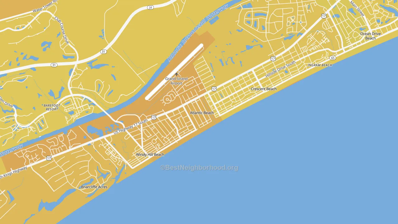 Map of the best neighborhoods in the Atlantic Beach area, with better matches in green and worse matches in red