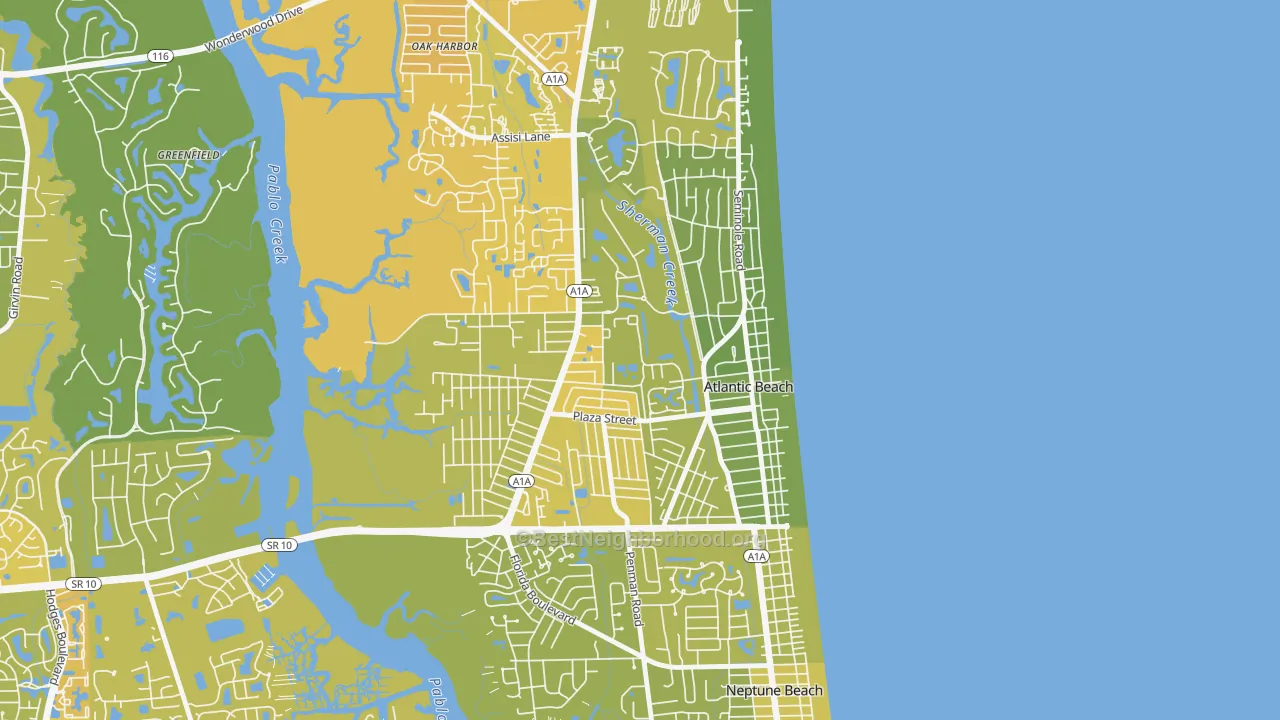 Map of the best neighborhoods in the Atlantic Beaches, Atlantic Beach area, with better matches in green and worse matches in red