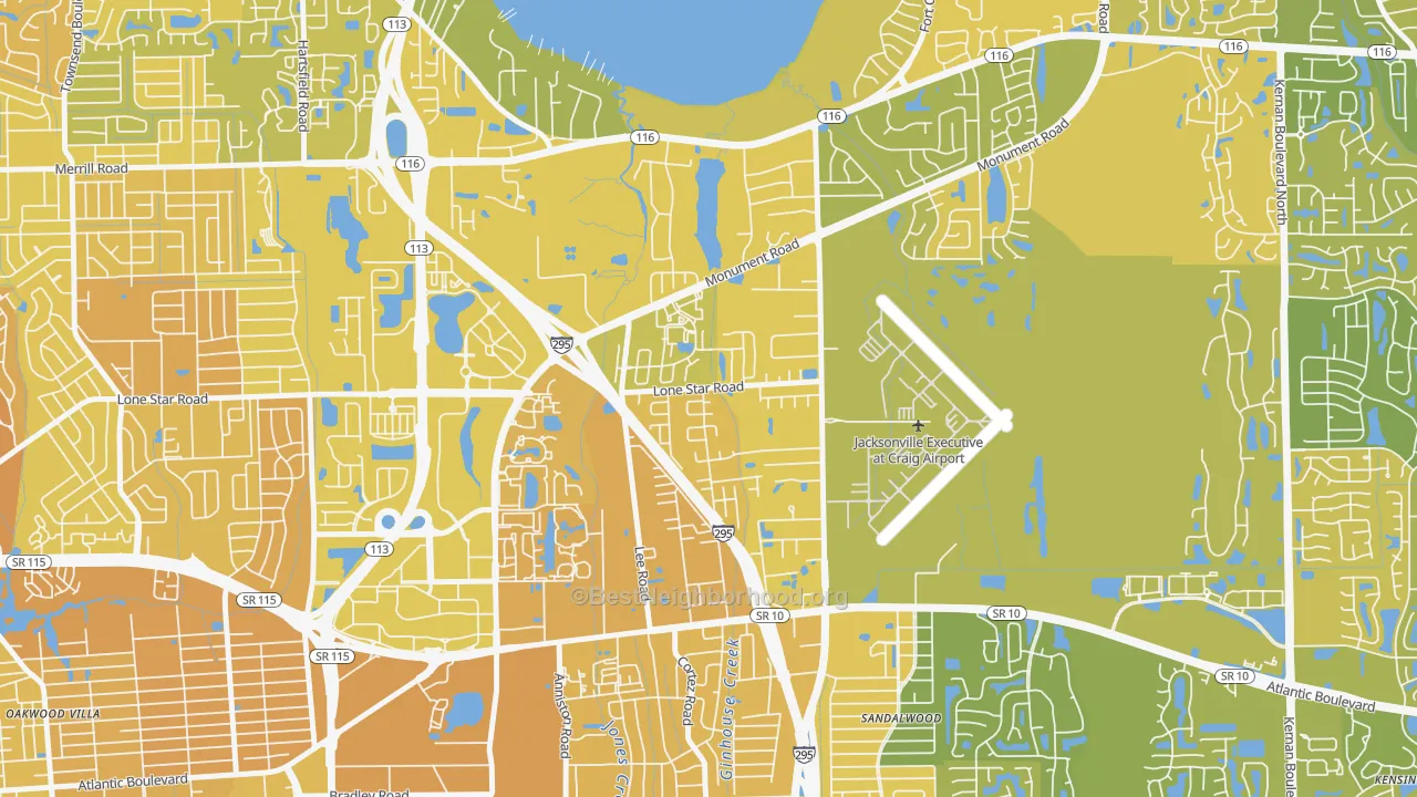 Map of the best neighborhoods in the Atlantic Boulevard Estates, Jacksonville area, with better matches in green and worse matches in red