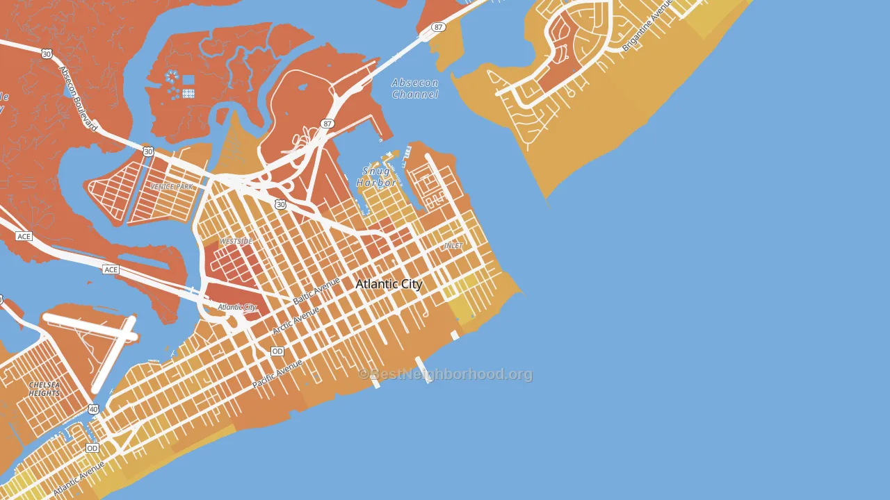 Map of the best neighborhoods in the Atlantic City Inlet, Atlantic City area, with better matches in green and worse matches in red