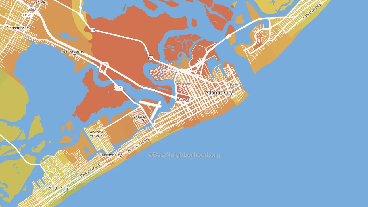 Map of the best neighborhoods in the Atlantic City Metro area, with better matches in green and worse matches in red