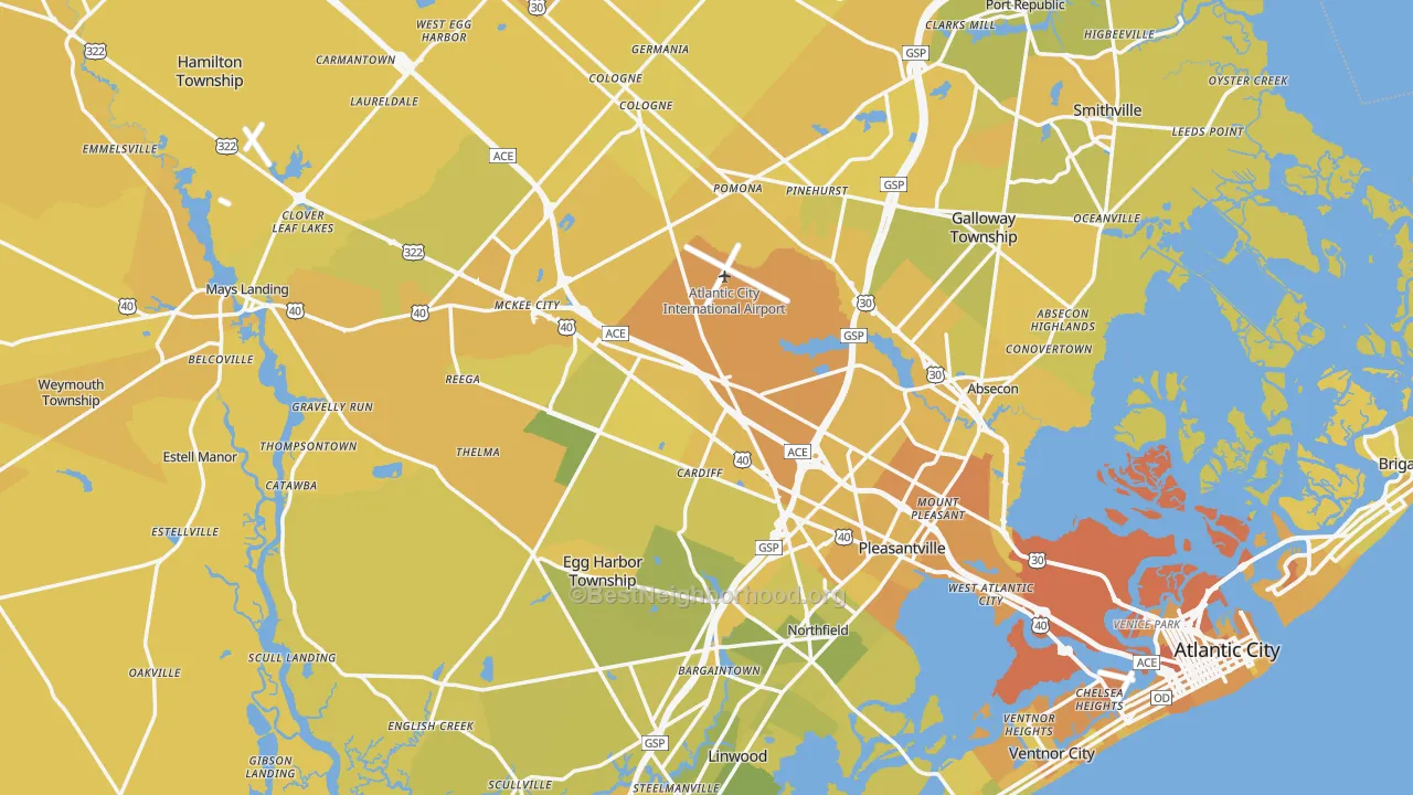 Map of the best neighborhoods in the Atlantic County area, with better matches in green and worse matches in red