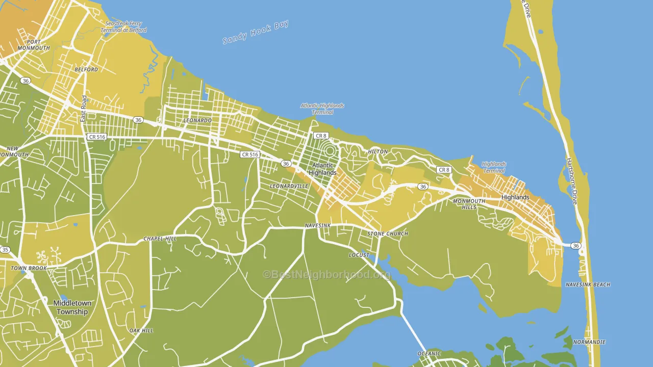 Map of the best neighborhoods in the Atlantic Highlands area, with better matches in green and worse matches in red