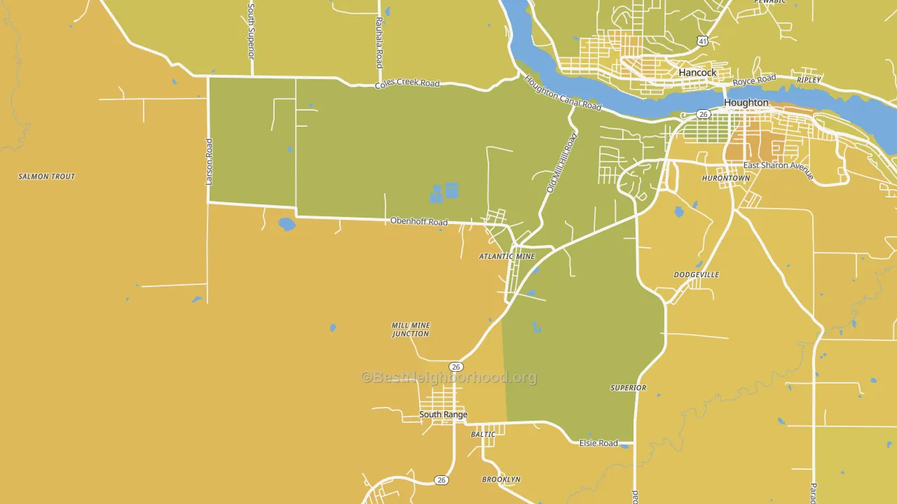 Map of the best neighborhoods in the Atlantic Mine area, with better matches in green and worse matches in red