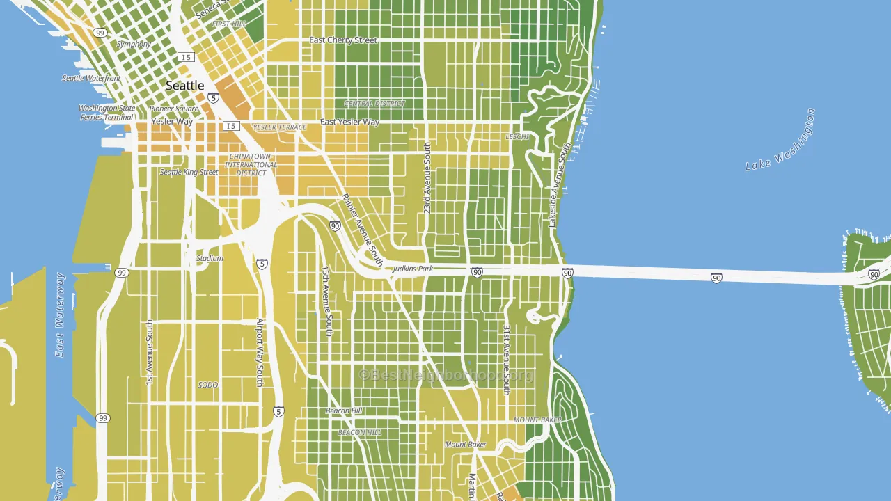 Map of the best neighborhoods in the Atlantic, Seattle area, with better matches in green and worse matches in red