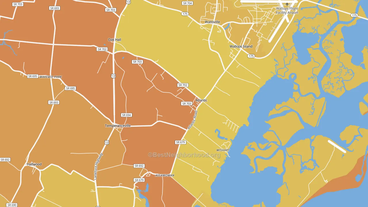Map of the best neighborhoods in the Atlantic area, with better matches in green and worse matches in red