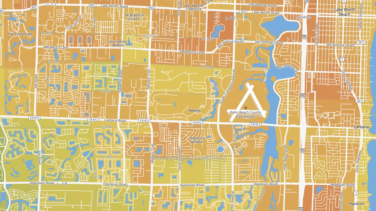 Map of the best neighborhoods in the Atlantis area, with better matches in green and worse matches in red