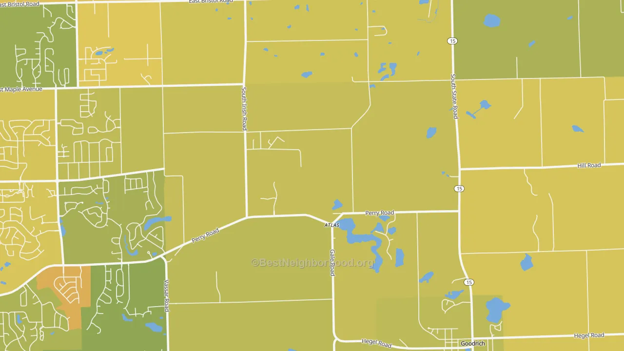 Map of the best neighborhoods in the Atlas area, with better matches in green and worse matches in red