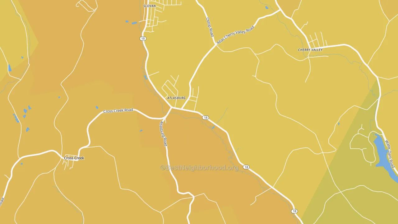 Map of the best neighborhoods in the Atlasburg area, with better matches in green and worse matches in red