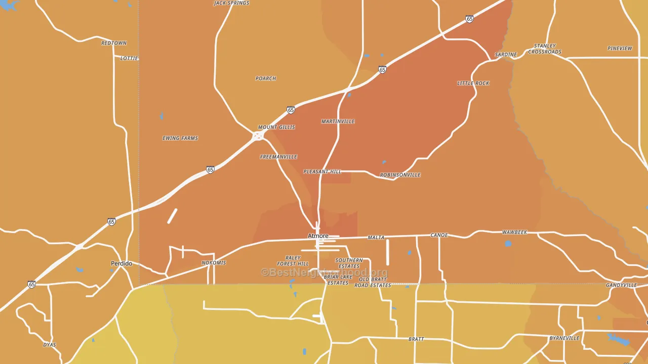 Map of the best neighborhoods in the Atmore area, with better matches in green and worse matches in red