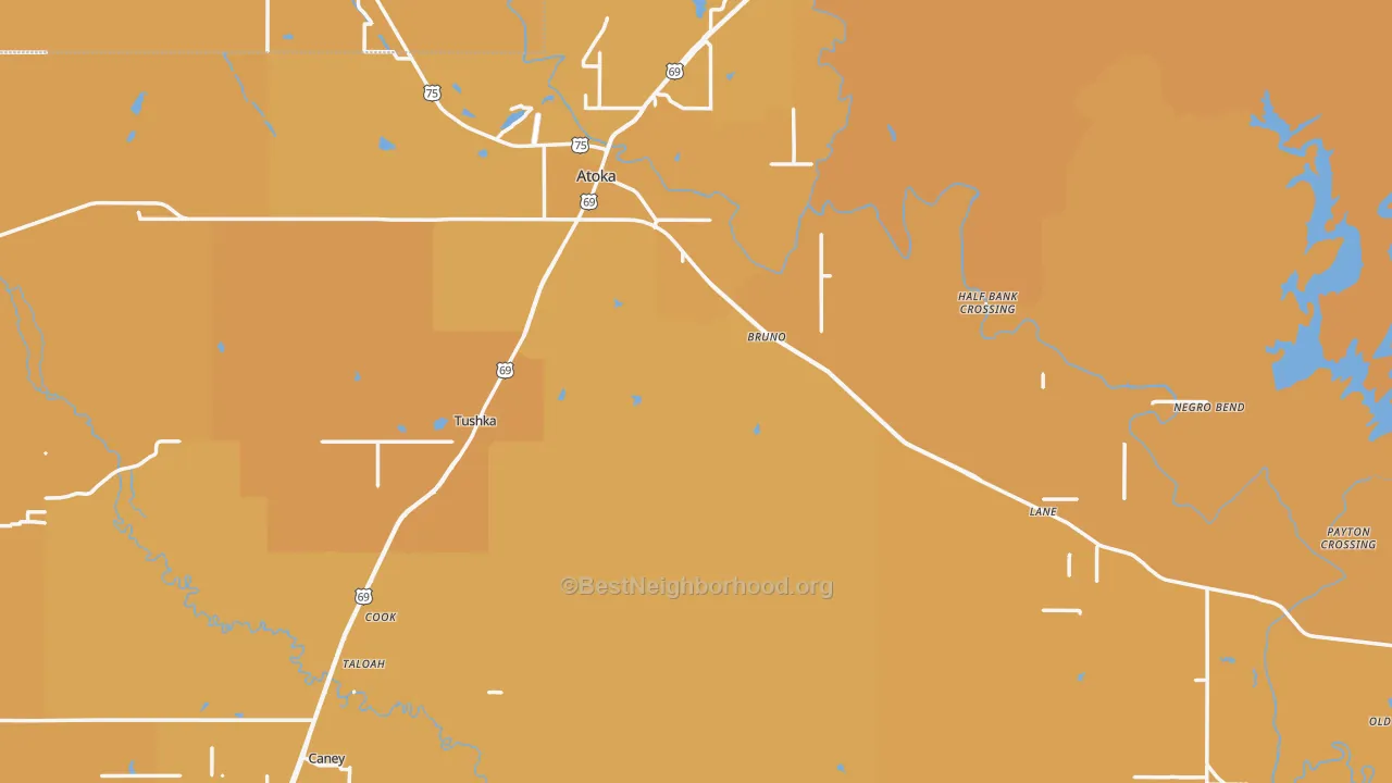 Map of the best neighborhoods in the Atoka County area, with better matches in green and worse matches in red
