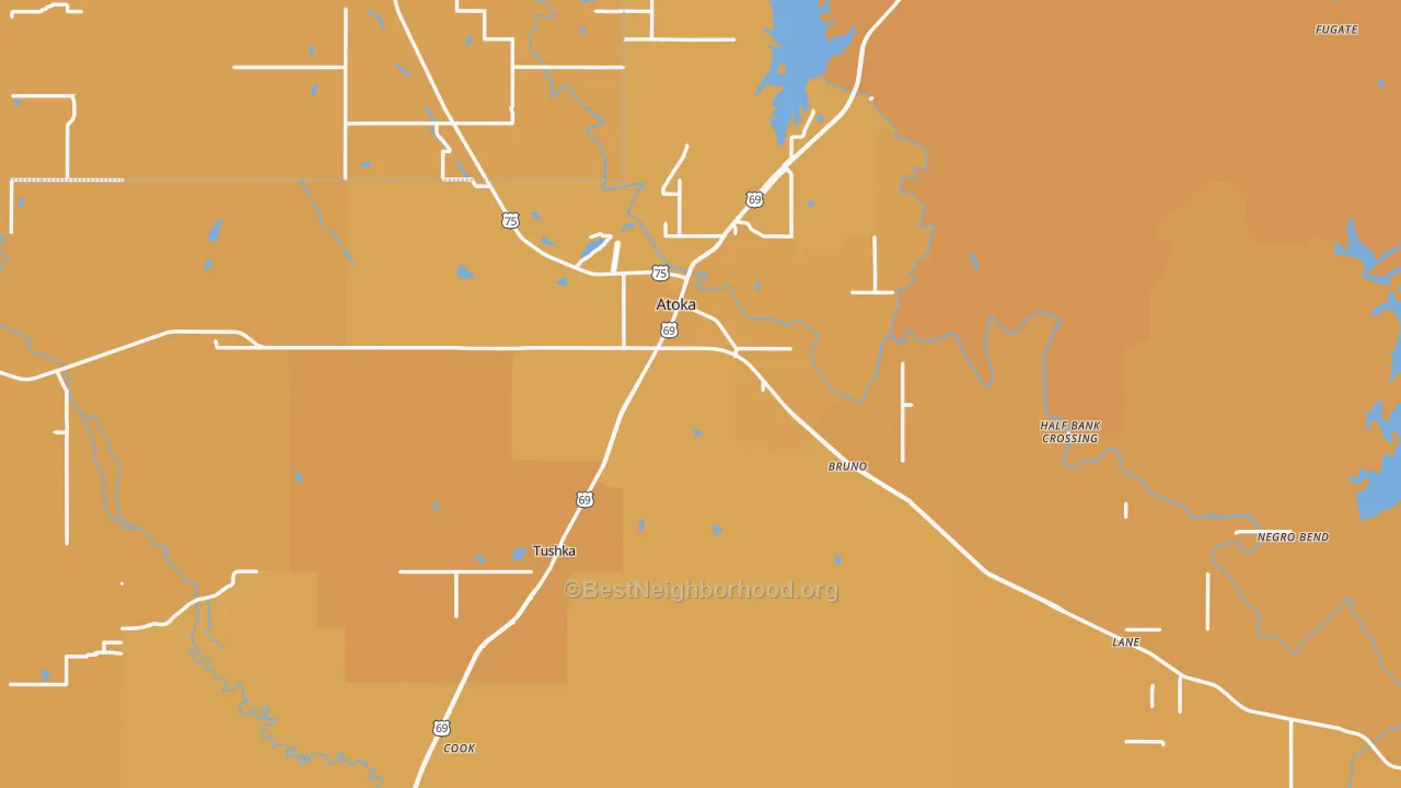 Map of the best neighborhoods in the Atoka area, with better matches in green and worse matches in red